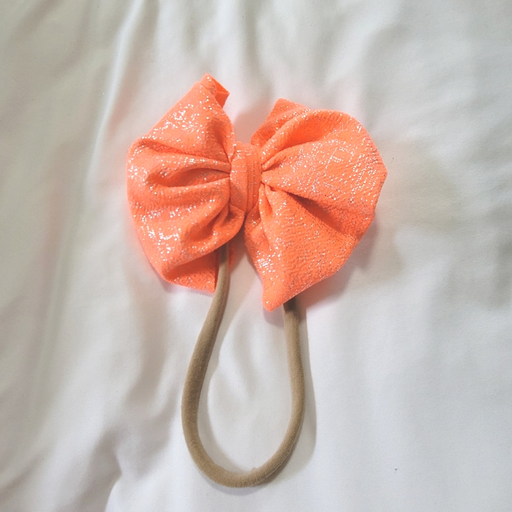 BBCO Peachy Orange with Silver Metallic Stripes Big Biw Hairbow on Nude Nylon